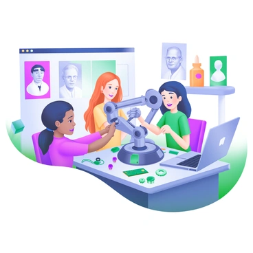 A modern pastel illustration depicting a diverse group of girls and boys collaborating on a robotics project in a bright, well-lit workshop. Each child is actively engaged, with one girl adjusting a robotic arm, while a boy nearby is programming on a laptop. There are various tools and components scattered on the table, including wires, gears, and a circuit board. Posters of famous scientists and engineers are visible on the walls, promoting STEM fields. The children wear casual clothing, showcasing a vibrant mix of colors, and display expressions of excitement and concentration as they work together.