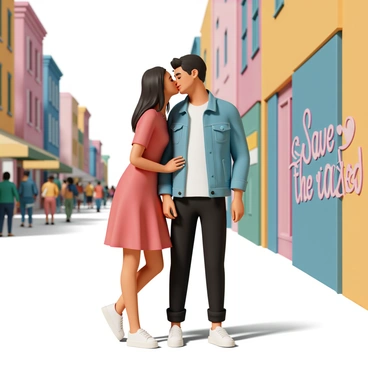 A couple, a man and a woman, are sharing a kiss in the middle of a vibrant city street. The man is wearing a blue denim jacket, a white t-shirt, and black jeans. The woman is dressed in a red dress with white sneakers. They are standing close together, with their eyes closed and smiles on their faces. In the background, colorful city buildings and bustling pedestrians add life to the scene. A nearby wall features the text "Save the Date" written in bright graffiti, adding a unique touch to the atmosphere.