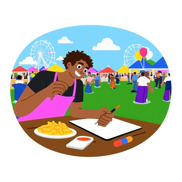 An artist with curly hair is sitting at a wooden table, focused on sketching with a pencil on a notepad. Next to the artist, there is a plate of golden-brown fish and chips, with a side of tartar sauce. The fair is bustling with colorful stalls and people in the background. Balloons of various colors float in the air nearby. The artist wears a paint-splattered apron over casual clothing, and there are small art supplies scattered on the table. A ferris wheel is visible in the distance, adding to the lively atmosphere of the fair.