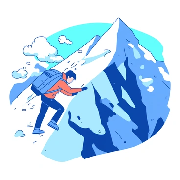 A blue climber with a rugged backpack is scaling a steep snowy mountain peak. The climber is wearing a bright orange jacket, and snow is swirling around them as they ascend. The mountain is steep and rocky, with patches of ice glimmering in the sunlight. In the background, the sky is clear, highlighting the vast expanse of the snowy landscape. The climber is focused on their ascent, gripping the icy surface with determination.