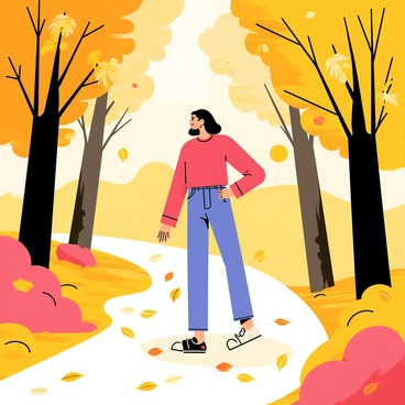 A woman wearing a red sweater and blue jeans walks along a forest path covered in fallen golden leaves. The trees surrounding her are tall and display vibrant autumn colors, with leaves in shades of orange, yellow, and red. As she walks, golden leaves swirl around her in the gentle breeze, creating a dynamic scene. Sunlight filters through the branches above, casting dappled light on the ground.