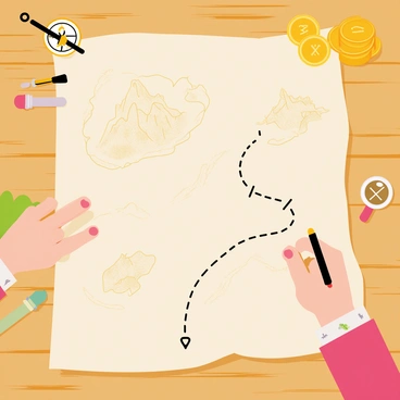 A wooden table with a treasure map spread across its surface. The map features a detailed illustration of islands, mountains, and a winding river. A finger is tracing a path marked with a dotted line that leads to an "X" symbol indicating the treasure location. The surrounding area of the table is cluttered with compass, a magnifying glass, and a small pile of gold coins. The lighting highlights the textures of the wooden table and the parchment of the map.