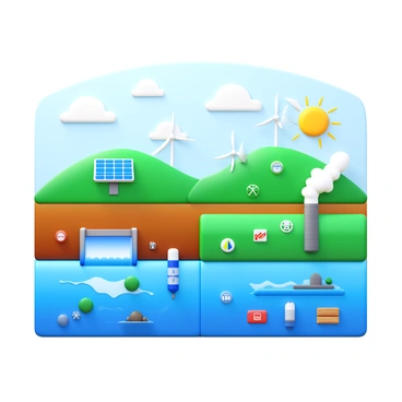 An infographic displaying "various sources of renewable energy" arranged in a "creative layout." The infographic should include sections for "solar power," represented by "solar panels" under a bright sun; "wind energy," illustrated with "wind turbines" on rolling hills; "hydropower," shown with a "dam and flowing water"; "geothermal energy," depicted with "steam rising from a geothermal plant"; and "biomass," represented by "plant materials and biofuels." Each section should feature "icons and labels" clearly identifying the energy source. The overall design should be colorful and visually engaging, drawing attention to the different renewable energy sources.