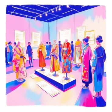 An illustration of a fashion exhibit showcasing traditional garments from various cultures. The scene features a large gallery space with colorful garments displayed on elegant mannequins. On the left, a flowing kimono with intricate floral patterns is presented next to a vibrant Indian saree adorned with gold embroidery. In the center, a Scottish kilt is placed beside a traditional Maasai shuka with its red and blue checkered design. To the right, a Chinese qipao with delicate embroidery hangs gracefully, and a Native American dress with beadwork is displayed prominently. The gallery is decorated with soft lighting that highlights the details of each garment, and there are informational plaques next to each item. Visitors can be seen admiring the cultural richness represented in the exhibit.