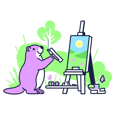 A groundhog is painting a landscape on a canvas easel in an outdoor setting. The groundhog is standing on its hind legs, holding a paintbrush in its right paw and dabbing it into a palette filled with various colors. The canvas on the easel displays a vibrant landscape featuring rolling hills and a bright sky. In the background, there are trees with detailed leaves and a hint of flowers on the ground. Sunlight casts gentle shadows around the scene, creating a lively atmosphere.