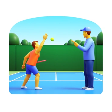 A tennis player in a bright sports uniform practicing their serve. The player is positioned on a well-maintained outdoor court, focused on the ball, with one hand raised in preparation to strike. Next to the player, a coach is demonstrating techniques, wearing a cap and holding a racket, pointing towards the player. The court is surrounded by green fencing and trees, with a clear blue sky overhead.