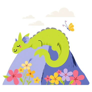 A giant dragon with shimmering emerald scales is peacefully sleeping on a rocky mountain peak. The dragon has large, gentle wings folded beside it and a serene expression on its face. Colorful flowers in vibrant shades of pink, yellow, and purple bloom around the mountain, creating a beautiful contrast against the rocky terrain. Various butterflies with delicate wings flutter around the flowers, adding a sense of life and movement to the scene. The sky above is clear with soft, fluffy clouds, enhancing the tranquil atmosphere.