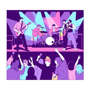 A vibrant duotone illustration features a band performing energetically on stage, surrounded by colorful lights. The musicians are engaged, with the lead singer holding a microphone and the guitarist strumming an electric guitar. In front of the stage, excited fans are cheering, waving their arms, and capturing the moment with their smartphones. Some fans are wearing band merchandise, while others are jumping with enthusiasm, creating a dynamic atmosphere filled with energy and excitement.