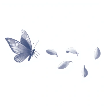 A butterfly with detailed wing patterns is in mid-flight. Its wings are partially open, displaying intricate designs that suggest vibrancy. As the butterfly flutters away, its body begins to dissolve into delicate petals that scatter in the air. The petals are intricately shaped and appear light and airy, following the movement of the butterfly. The scene captures the transformation from the butterfly to the petals, creating a sense of motion and grace in the transition.