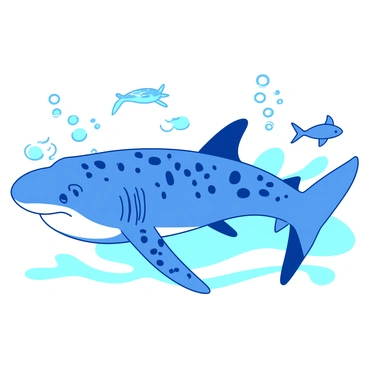 A blue whale shark is swimming gracefully through the water. Its large body is adorned with an intricate pattern of spots and stripes. Surrounding the whale shark, there are several small fish darting playfully, their shiny scales reflecting the light. The water is clear, allowing for a vibrant view of the underwater scene. Bubbles can be seen rising from the shark as it glides effortlessly, creating a sense of tranquility in the aquatic environment.