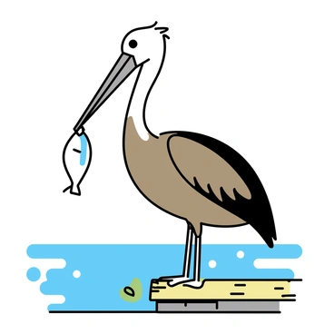 A brown pelican, with a glossy brown and white plumage, stands upright on a wooden dock. The bird has a long, curved beak, prominently holding a shiny fish. The dock features weathered wood planks, with hints of green algae clinging to the edges. The background is filled with calm water, reflecting the pelican’s vibrant colors.