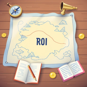 A weathered treasure map is spread out on a wooden table. The map features intricate drawings of islands, mountains, and rivers, with a dotted line leading to the center. In bold letters, the chest is marked with the label "ROI". Surrounding the map are various objects related to treasure hunting, including a compass with a shiny needle, an old brass telescope, and a small, open notebook filled with notes. A few scattered gold coins are placed on the table, reflecting the light.