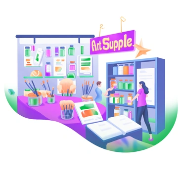 A vibrant art supply store filled with an assortment of colorful paints in various containers, arranged neatly on shelves. Numerous brushes of different sizes are displayed in jars, showcasing their unique bristle types and colors. Several open sketchbooks are scattered throughout the store, revealing blank pages ready for creativity. The walls are adorned with framed artworks, adding to the lively atmosphere. Customers are browsing through aisles, curiously examining the supplies. A large sign hanging overhead features the words "Art Supplies" in bold, cheerful letters.