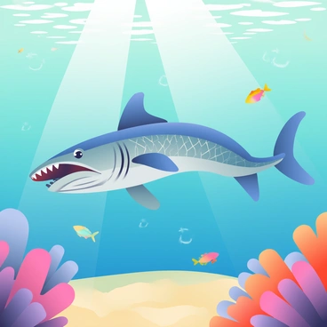 A barracuda with a streamlined body and sharp teeth is swimming through the water. Its scales reflect shades of silver and blue, glinting in the sunlight. The tropical ocean is filled with a variety of colors, featuring turquoise waters and a sandy ocean floor below. Corals in hues of pink, orange, and purple are visible, creating an intricate underwater landscape. Schools of small, colorful fish dart around the barracuda, contributing to the lively atmosphere of the scene. Sunlight filters down from the surface, casting dappled patterns across the water.