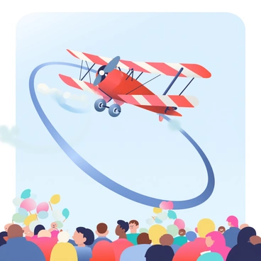 A classic biplane with a bright red fuselage is soaring through the sky, performing an impressive aerial stunt at an airshow. The plane features dual wings with white stripes and a vintage design. Wisps of white smoke trail behind it, curving gracefully as it executes a tight loop. Below, an audience of spectators is gathered, with varied expressions of excitement on their faces. Colorful flags and banners are visible in the background, fluttering in the breeze. The sky is a clear blue, providing a perfect backdrop for the airborne display.