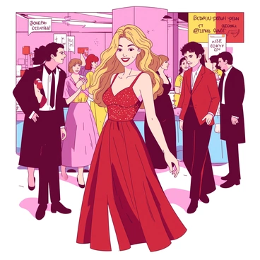 A girl wearing a sparkling red glamorous party dress is mingling with guests at a lively soirée. She has long, flowing hair cascading over her shoulders, and she is smiling as she interacts with elegantly dressed attendees. The atmosphere is vibrant, with people chatting and laughing, and colorful decorations adorning the venue. Soft lighting creates a warm ambiance, highlighting the girl's fashionable outfit and the joyful expressions of the guests around her.