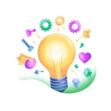 A giant lightbulb positioned prominently in the center of the image is bursting open, with a bright glow emanating from its interior. Colorful ideas are flowing out in a dynamic manner, taking the form of various shapes such as stars, hearts, gears, and arrows. Each shape is vibrantly colored, showcasing a palette of yellows, blues, reds, greens, and purples. The lightbulb itself is surrounded by a soft gradient background that complements the colors of the emerging ideas, enhancing the overall visual impact.