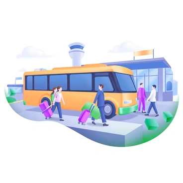 A scene depicting passengers boarding an airport bus for transfer to another terminal. The bus is painted in a bright yellow color with large windows, parked on a concrete platform. Several passengers, carrying rolling suitcases and backpacks, approach the bus. The passengers include a family with children, a business traveler in a suit, and a couple with matching luggage. In the background, there are airport terminal buildings with large glass windows and signage. A few airport staff members are assisting the passengers, ensuring a smooth boarding process.