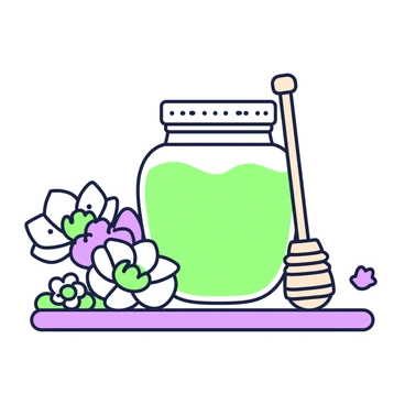 A jar of honey is placed prominently on a wooden surface. The jar is made of glass and has a tightly sealed lid. Beside the jar, there is a honey dipper, made of light-colored wood, resting on the surface. Surrounding the jar are several blooming flowers, each with distinct petals and intricate details. The flowers are in varying stages of bloom, showcasing different shapes and sizes. The overall arrangement creates a pleasing composition that highlights the jar of honey and its accompanying dipper.
