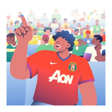 A soccer fan with light brown skin is sitting in the stands, wearing a vibrant red jersey with the team logo prominently displayed on the front. Their hair is styled in short curls, and they have a wide smile, showing their excitement as they cheer for the team. In one hand, they are holding a large foam finger, colored in team colors, raised high in celebration. Around them, other fans are visible, some waving flags and others wearing jerseys of different styles and colors. The stands are filled with a diverse crowd, all focused on the field below.