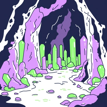 A cavern in a dungeon is filled with numerous crystals jutting from the rocky walls. The crystals vary in sizes and shapes, some are tall and sharp, while others are small and rounded. The walls of the cavern have a rough texture, illuminated by the reflected light from the crystals. The floor is uneven with scattered rocks and small puddles. In the background, there are shadows that suggest the depth of the cavern, creating a sense of mystery. The atmosphere feels still, allowing the beauty of the crystals to stand out against the dark stone.