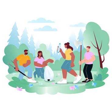 A group of volunteers is collecting litter in a lush, green forest. There are four individuals in the scene, each wearing brightly colored shirts and holding litter pickers. One person is bending down to pick up a plastic bottle, while another is placing items into a large bag. The third individual is holding a stick with a piece of trash at the end, and the fourth is standing nearby, observing the area. Sunlight filters through the canopy, highlighting the vibrant greenery and fallen leaves on the forest floor. In the background, there are tall trees and patches of colorful wildflowers.