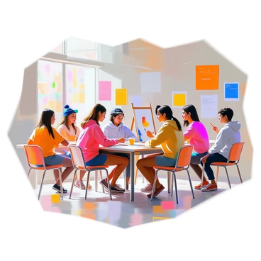 A diverse group of teenagers is actively engaged in various activities inside a community center. Some are gathered around a table working on a group project, while others are playing games in a corner. One teenager is practicing a dance routine, and another is painting on a canvas. Brightly colored policy posters about youth programs are displayed on the walls, featuring information and graphics about upcoming events and opportunities. The atmosphere is lively and energetic, with a sense of camaraderie among the teens.