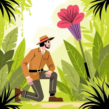 A Victorian-era explorer wearing a brown leather jacket and a wide-brimmed hat is kneeling in the lush greenery of a dense jungle. The explorer is examining a large, vibrant "corpse flower" with deep reddish-purple petals, which is towering above the surrounding foliage. The flower's unique shape and impressive size stand out dramatically against the green backdrop of ferns and tall plants. Sunlight filters through the leaves, casting dappled shadows on the ground. In the background, clues of the wild, such as vines and exotic plants, frame the scene, creating a sense of adventure and discovery.