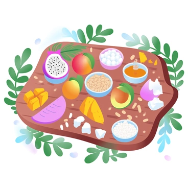 A large wooden charcuterie board is displayed with a variety of exotic fruits arranged artfully. There are bright slices of dragon fruit, vibrant mango chunks, and whole passion fruits scattered across the board. In addition to the fruits, there are generous amounts of coconut shavings sprinkled throughout, adding texture. There are small bowls containing nuts and honey, placed strategically on the board. The background features lush green leaves, enhancing the tropical theme.