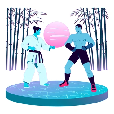 A traditional martial artist wearing a white gi with a black belt stands in a strong stance, showcasing a focus on balance and discipline. Opposite him, an MMA fighter dressed in black shorts and fingerless gloves adopts a ready position, displaying a muscular build and a fierce expression. The background features a dramatic sunrise illuminating a bamboo forest, symbolizing the clash of different martial arts philosophies. In the foreground, a circular arena made of stone represents a timeless battleground, with faint outlines of ancient scripts etched into its surface, enhancing the atmosphere of this symbolic confrontation.