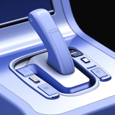 A 3D close-up of a car's gear shifter is displayed prominently in a polished console. The gear shifter has a sleek design, with a smooth surface and engraved markings indicating different gear positions. Surrounding the gear shifter, there is a highly reflective console surface that captures the shape and contours of the shifter. The console features subtle textures that enhance its luxurious appearance, including chrome accents and integrated buttons for features like drive modes and parking. The scene focuses on the precise details, showing the craftsmanship of the gear shifter and surrounding elements.