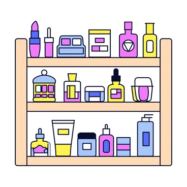 A wooden shelf with a light natural finish, displaying a variety of beauty products. The shelf is filled with neatly arranged makeup items including colorful lipsticks, eyeshadow palettes, and bottles of nail polish. There are also skincare products such as moisturizers, serums, and face masks, each presented in visually distinct packaging. Some items are placed vertically while others are positioned horizontally, creating an organized yet eclectic look. Each product features vibrant colors and appealing labels, contributing to the overall aesthetic of the shelf.