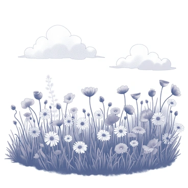 A wildflower meadow filled with various types of flowers, including daisies and poppies, swaying gently in the wind. The meadow stretches towards a distant horizon that features fluffy clouds scattered throughout the sky. The scene captures the lushness of the flowers and the vastness of the sky above, creating a sense of openness and abundance.