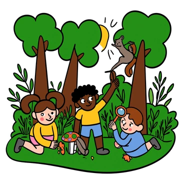 A group of three children exploring a lush green forest filled with tall trees and vibrant plants. One child, a light-skinned girl with big eyes and brown pigtails, is crouching down to examine a colorful mushroom. Another child, a dark-skinned boy with big eyes and short curly hair, is pointing excitedly at a squirrel climbing a nearby tree. The third child, a light-skinned boy with big eyes and short straight hair, is holding a small magnifying glass, looking closely at a leaf. Sunlight filters through the leaves, casting playful shadows on the forest floor.