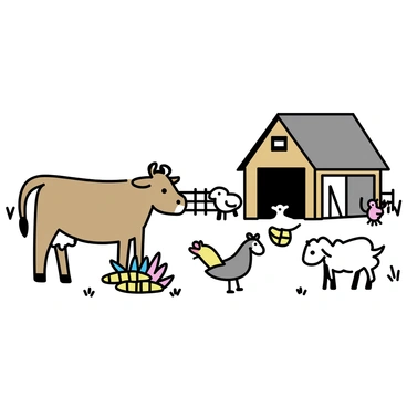 A brown cow and a white sheep stand next to each other in a barnyard. The cow has a bunch of corn cobs in front of it, while the sheep has a pile of colorful feathers beside it. In the background, a wooden barn structure can be seen with a gray roof and open doors. A few chickens are pecking at the ground nearby, and a goat is curiously watching the exchange. The scene is lively with various farm elements, such as a fence and patches of grass surrounding the animals.