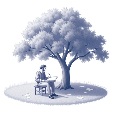 A sunlit field stretches out under a clear blue sky, filled with grasses gently swaying in the breeze. In the center of the scene, a large oak tree stands majestically, its thick trunk and expansive branches providing ample shade. Beneath this oak, "Shakespeare" is seated on a simple wooden stool, his quill poised over a parchment. He is dressed in period attire, featuring a ruffled collar and a long coat. Around him, scattered pages flutter in the wind, some resting on the ground. The sunlight filters through the leaves, casting intricate shadows on the grass.