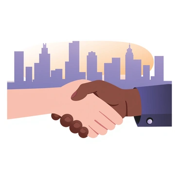 A digital flat illustration depicting two hands shaking firmly. The hand on the left has a light skin tone, while the hand on the right has a darker skin tone. Both hands are positioned in the foreground, showcasing the strength of the handshake. In the background, there is a city skyline featuring tall buildings with various shapes and sizes. The sky above the city is a gradient transitioning from orange to purple, suggesting either sunrise or sunset. The overall composition emphasizes the connection between the two individuals represented by the handshake.
