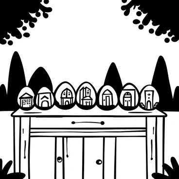 A collection of Easter eggs displayed on a wooden table, each egg is decorated with intricate black-and-white cityscapes. The designs feature detailed buildings and landmarks, showcasing the unique architecture of different cities. In the background, there are silhouettes of trees creating a natural frame. The scene captures a sunset atmosphere, with the light casting long shadows and creating a contrast between the eggs and the table.