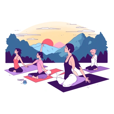 A group of diverse individuals is practicing yoga on a mountain retreat. The participants are positioned in various yoga poses on colorful mats. In the background, there is a breathtaking view of a sunrise illuminating the sky with warm hues. The tall mountains are partially covered with lush greenery, and the first light of dawn casts gentle shadows. The atmosphere is peaceful, enhancing the focus of each practitioner.