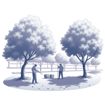 Farmers harvesting nuts from tall trees in a warm, sunny orchard.