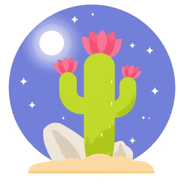A cactus flower with vibrant pink petals is blooming under soft moonlight. The flower emits a gentle glow, illuminating its surroundings. The background features a clear night sky filled with twinkling white stars scattered throughout. The cactus is positioned on sandy ground, with a few small rocks nearby, enhancing the desert scene.
