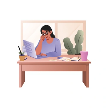 A person sitting at a modern wooden desk, focused intently on a laptop screen displaying a spreadsheet. The person has medium skin and short black hair, wearing glasses and a blue shirt. Their hands are positioned on the keyboard, and there is a notepad with a pen beside the laptop. A cup of coffee is placed on the desk, and a potted plant is in the background, adding a touch of greenery to the workspace. The room has a warm, inviting atmosphere with natural light coming from a window nearby.