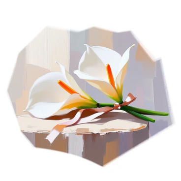 A single calla lily with a smooth, creamy white bloom and a long green stem is gracefully lying on a rustic wooden surface. The flower's elegant curves are highlighted as it is gently tied with a delicate silk ribbon, which drapes softly around the stem. The texture of the weathered wood adds warmth and character to the composition, creating a harmonious contrast with the smoothness of the lily and the softness of the ribbon. The lighting casts subtle shadows, enhancing the serene beauty of the scene.