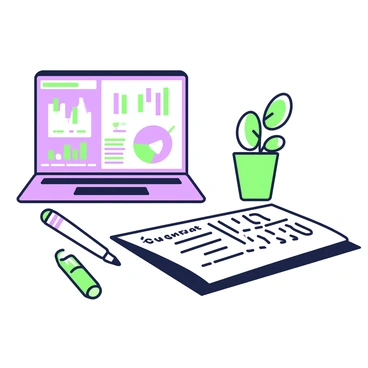 An illustrated scene shows a detailed insurance policy agreement laid out on a wooden desk. The document is titled "Insurance Policy" and features a section titled "Contract of Indemnity". To the left, a green ink pen rests next to the document, indicating that it is ready to be signed. In the background, there is a laptop displaying financial charts and graphs, highlighting the importance of the agreement. A small potted plant is placed to the right of the desk, adding a touch of greenery to the scene.