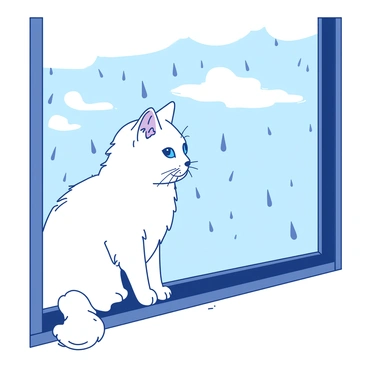 A white ragdoll cat with striking blue eyes is sitting on the windowsill, intently watching as raindrops trickle down the glass window. The background is filled with soft gray clouds, creating a gloomy atmosphere. The cat's fur appears fluffy, and it is positioned with its front paws resting on the edge of the sill. The raindrops create a pattern on the window, and a few droplets are caught mid-fall. The scene conveys a sense of quiet observation as the cat remains still, focused on the water streaks below.