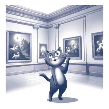 A cartoon cat stands on its hind legs in a grand art museum, gazing up at famous paintings displayed on the walls. The cat has large, expressive eyes filled with wonder and a playful smile. Its fur is fluffy, and it features exaggerated proportions typical of cartoon characters. The museum is adorned with ornate moldings and tall ceilings, creating an atmosphere of elegance. The paintings, framed in gold and silver, include recognizable masterpieces, each with intricate details that draw the cat's attention. The floor is polished, reflecting the cat's excitement as it observes the art.