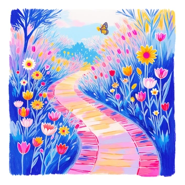 A winding pathway made of "red bricks" curves gently through a "garden" filled with various colorful flowers. The pathway is bordered by "lush green grass" on either side. In the garden, there are "tall sunflowers," "delicate daisies," and "vibrant tulips" blooming. The scene is illuminated by "soft sunlight" casting gentle shadows across the pathway. A "butterfly" flits above the flowers, adding a touch of movement to the tranquil setting.