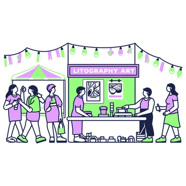 A street festival scene is bustling with people enjoying various attractions. In the foreground, there is a booth dedicated to "lithography art." The booth is adorned with colorful banners showcasing different lithographic prints. Artists can be seen at work, using stone slabs and tools to demonstrate the lithography process. A small crowd gathers around, observing and discussing the art pieces displayed on the booth's table. Nearby, there are food stalls with vibrant decorations, and festival-goers are strolling by with cheerful expressions, holding drinks and snacks. The atmosphere is lively, with string lights overhead illuminating the area.