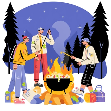 Three travelers are gathered around a roaring campfire, cooking soup in a large black cauldron suspended over the flames. The campfire crackles and sends sparks into the night sky. Each traveler is wearing rugged outdoor clothing, with one person stirring the soup with a long wooden spoon. The cauldron is partially filled with colorful vegetables and steam is rising from it. The surrounding area is filled with tall trees and a blanket of stars can be seen above. A few camping gear items, like backpacks and a lantern, are scattered nearby, adding to the adventure atmosphere.