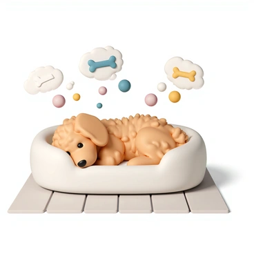 A goldendoodle, with its fluffy wavy coat of golden fur, lying comfortably on a soft, plush dog bed. The dog has its eyes gently closed, with a serene expression on its face as it dreams. Surrounding the goldendoodle are colorful thought bubbles filled with various shapes, including "bones", "toys", and "balls", all depicted in bright, playful colors. The dog bed is situated on a light wooden floor, adding a warm ambiance to the scene.